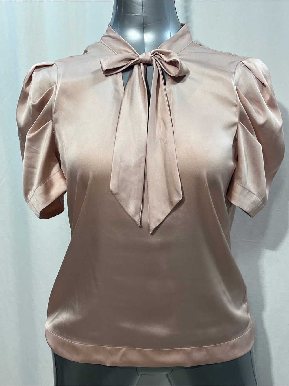 Karl Lagerfeld Blush Satin Tie-Neck Puff Sleeve Blouse small party office 1210